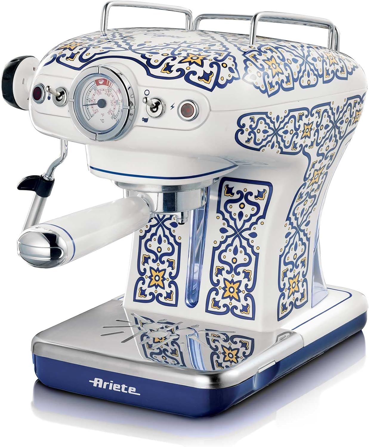 اسپرسو ساز برقی موکاپات آریته ایتالیا مدل Ariete capri 1389/1C | رنگ سفید با نقوش سنتی مدیترانه‌ای | مناسب ۴ فنجان